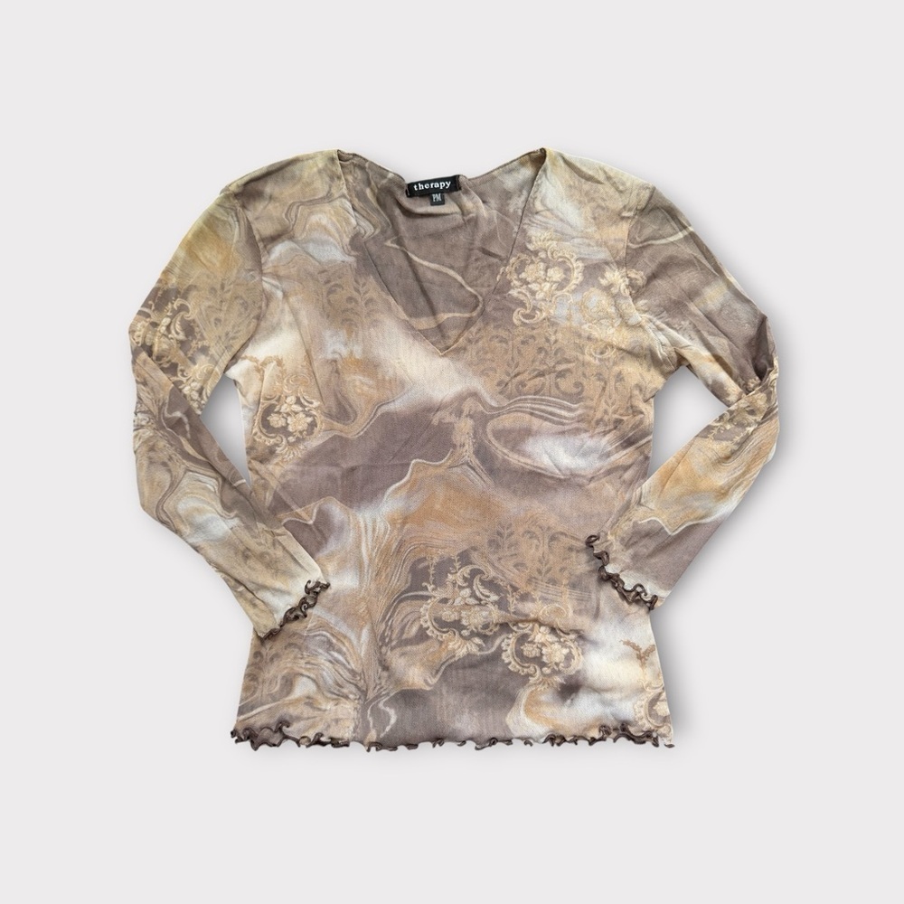 • 90s Y2K Therapy Mesh Top in Brown and Cream 3/4 sleeves sz M